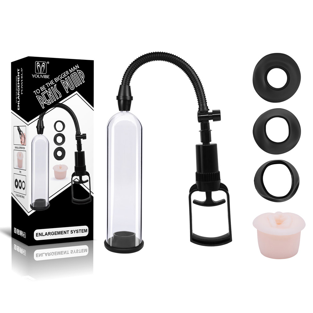 Bomba peniana manual com 3 anéis de silicone e forma de vagina