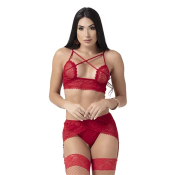 Conjunto Trio Sedução - Lingerie com Renda, Cinta-Liga e Top Entrelaçado - Imagem 6