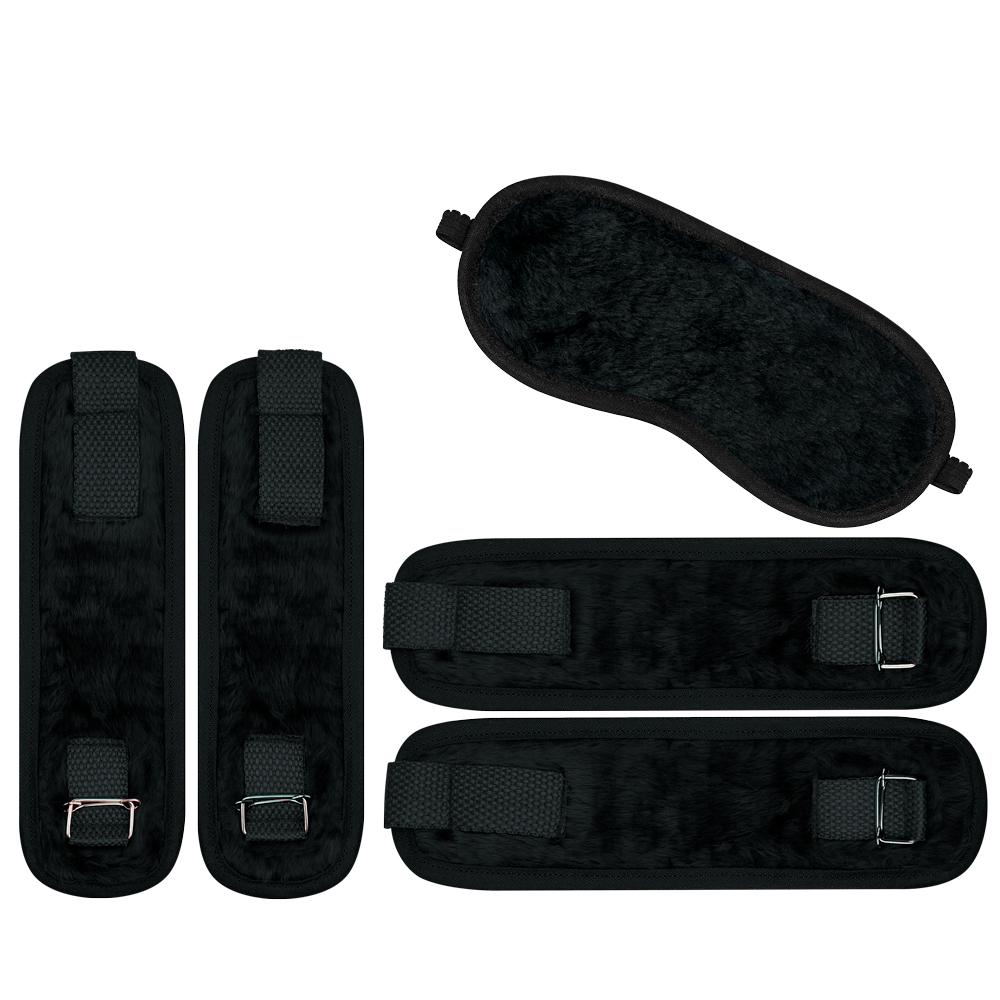Kit Bondage Luxo em Pelúcia Preto: Algemas, Tornozeleiras e Venda para Exploração Sensorial