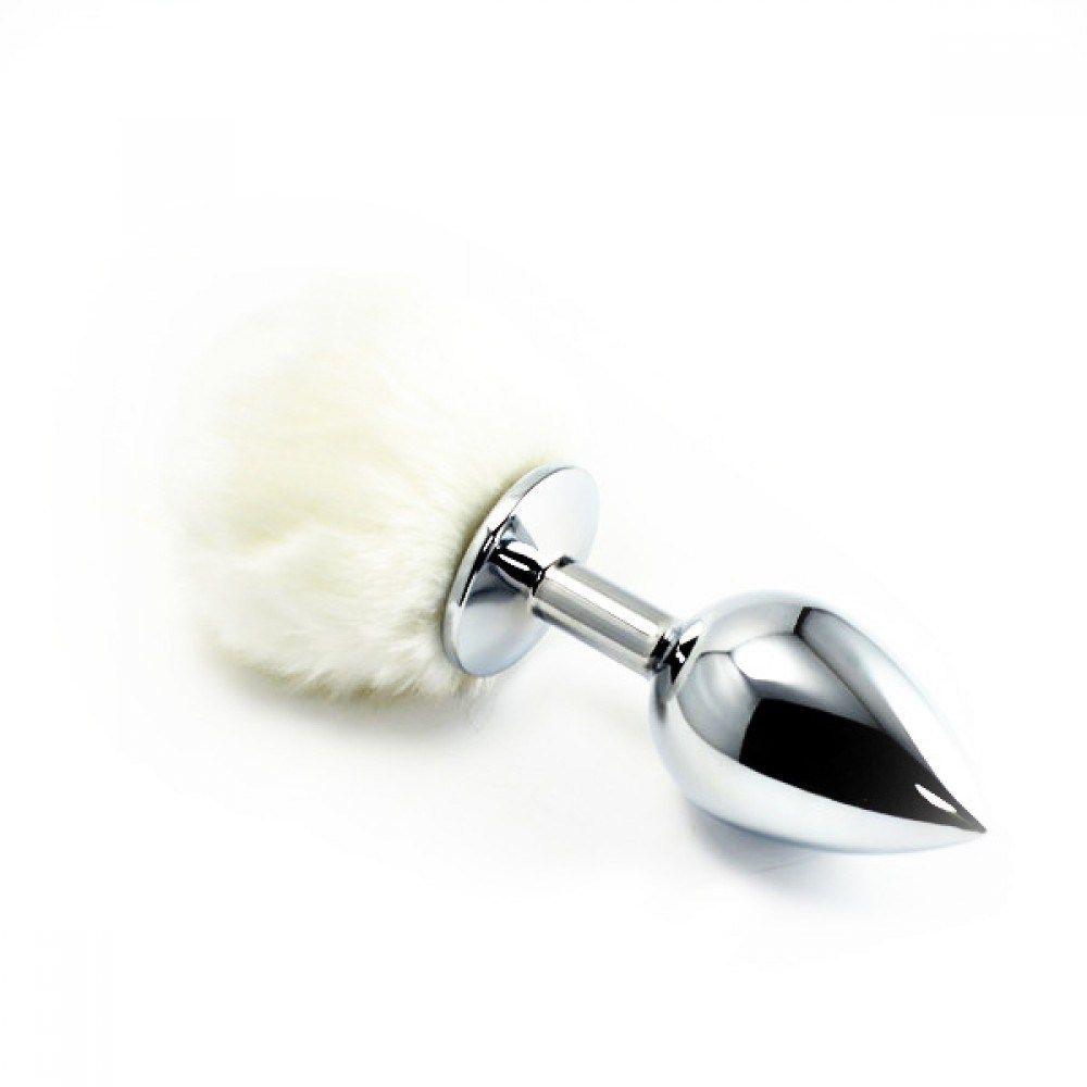 Plug Anal Em Metal 5,5 X 2,6cm Com Pompom Branco Gtoys