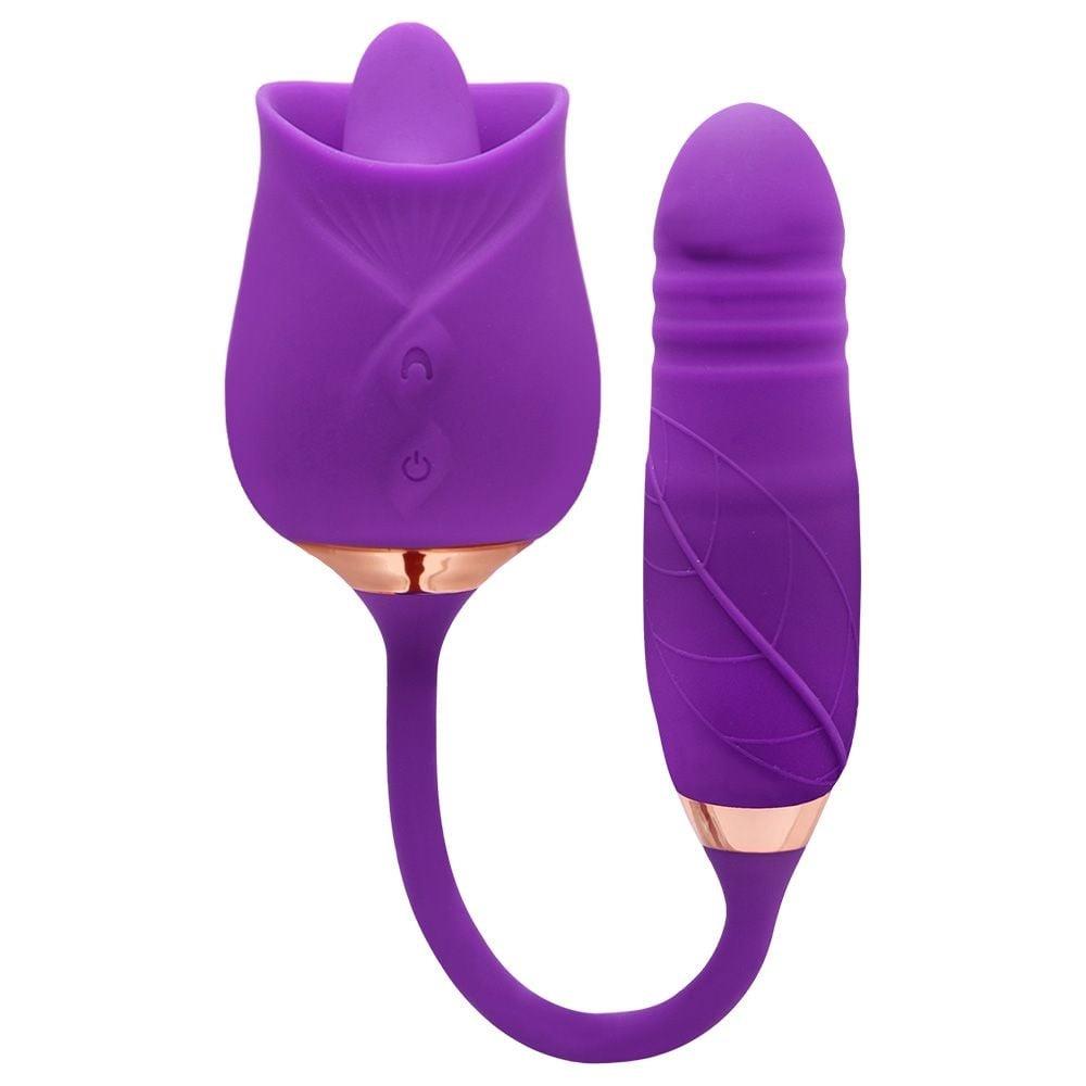 Vibrador de Ponto G e Sugador de Clitóris com Vai e vem Cor Roxo - Formato de Rosa